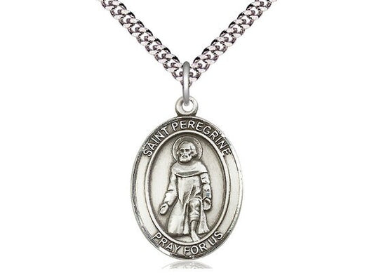 St Peregrine Laziosi Sterling Silver Pendant on a 24 inch Light Rhodium Heavy Curb Chain.
