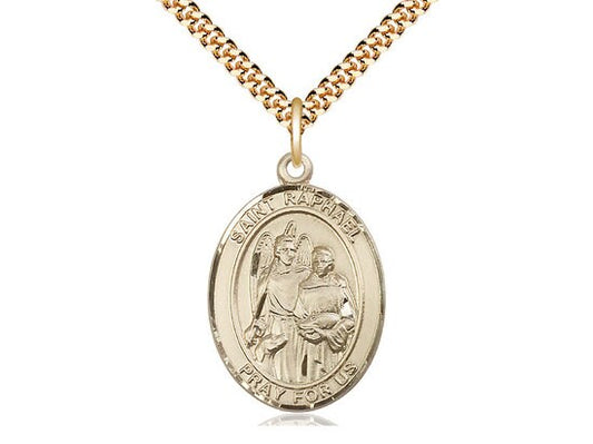 St Raphael the Archangel Gold Filled Pendant on a 24 inch Gold Plate Heavy Curb Chain.