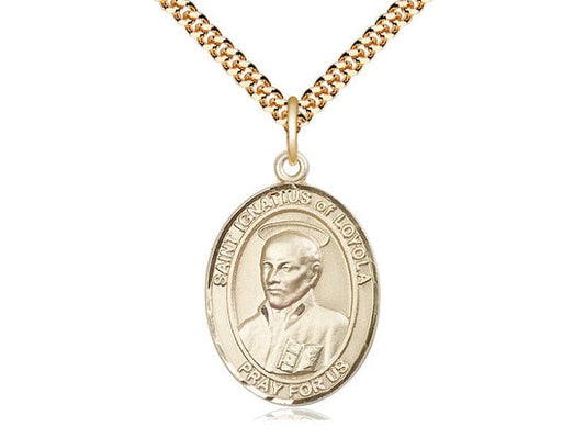 St Ignatius of Loyola Gold Filled Pendant on a 24 inch Gold Plate Heavy Curb Chain.