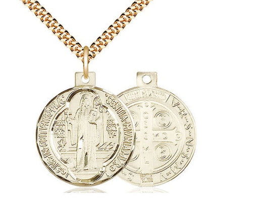 St Benedict Gold Filled Pendant on a 24 inch Gold Plate Heavy Curb Chain.