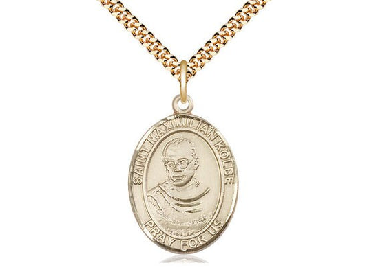 St Maximilian Kolbe Gold Filled Pendant on a 24 inch Gold Plate Heavy Curb Chain.