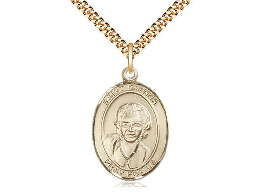 St Gianna Gold Filled Pendant on a 24 inch Gold Plate Heavy Curb Chain.