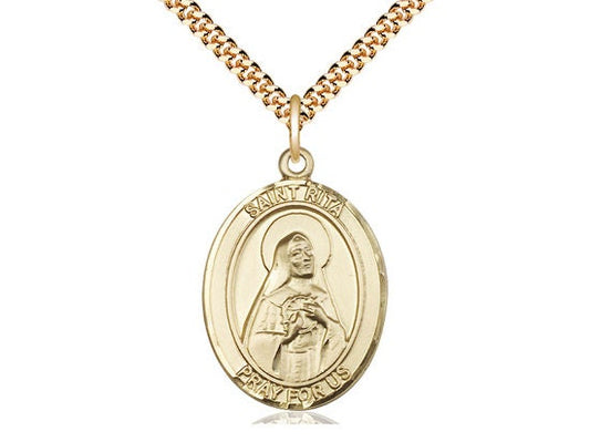 St Rita of Cascia Gold Filled Pendant on a 24 inch Gold Plate Heavy Curb Chain.