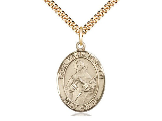 St Maria Goretti Gold Filled Pendant on a 24 inch Gold Plate Heavy Curb Chain.
