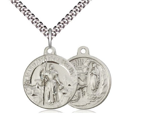 Saint Joan of Arc / Our Lady of Lourdes Sterling Silver Pendant on a 24 inch Light Rhodium Heavy Curb Chain.