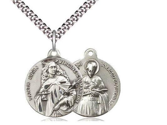 Saint Lucia / Gabriel of the Blessed Virgin Sterling Silver Pendant on a 24 inch Light Rhodium Heavy Curb Chain.
