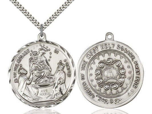 Holy Rosary Sterling Silver Pendant on a 24 inch Light Rhodium Heavy Curb Chain.