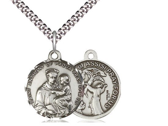 Saint Anthony / Saint Francis of Assisi Sterling Silver Pendant on a 24 inch Light Rhodium Heavy Curb Chain.