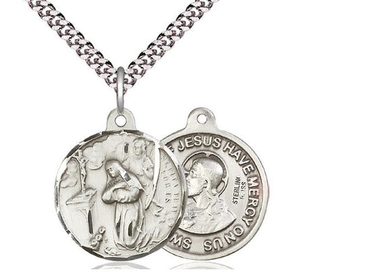 Saint Rita of Cascia / Sacred Heart of Jesus Sterling Silver Pendant on a 24 inch Light Rhodium Heavy Curb Chain.