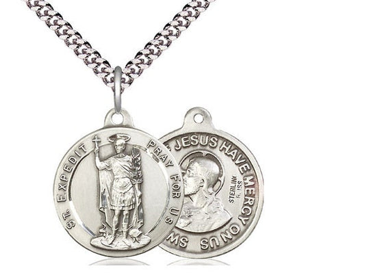 Saint Expedit / Sacred Heart of Jesus Sterling Silver Pendant on a 24 inch Light Rhodium Heavy Curb Chain.