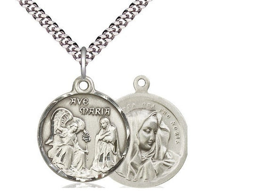 Saint Gabriel the Archangel / Mater Dolorosa Sterling Silver Pendant on a 24 inch Light Rhodium Heavy Curb Chain.