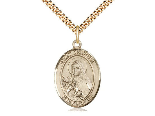 St Theresa Gold Filled Pendant on a 24 inch Gold Plate Heavy Curb Chain.