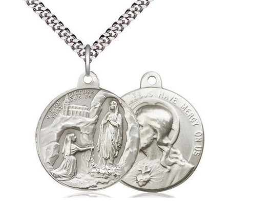 Our Lady of Lourdes / Sacred Heart of Jesus Sterling Silver Pendant on a 24 inch Light Rhodium Heavy Curb Chain.