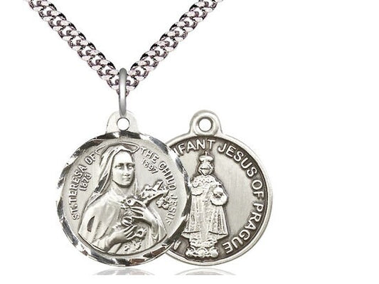 Saint Theresa / Infant of Prague Sterling Silver Pendant on a 24 inch Light Rhodium Heavy Curb Chain.