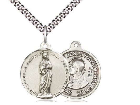 Our Lady of Lasalette / Sacred Heart of Jesus Sterling Silver Pendant on a 24 inch Light Rhodium Heavy Curb Chain.