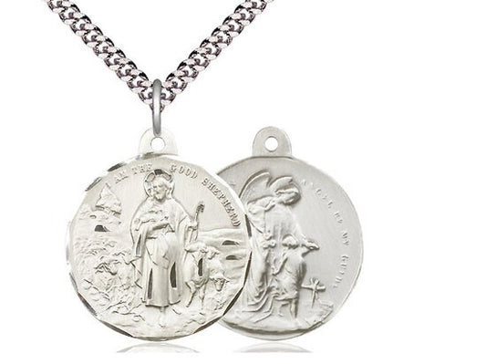 Good Shepherd / Guardian Angel Sterling Silver Pendant on a 24 inch Light Rhodium Heavy Curb Chain.
