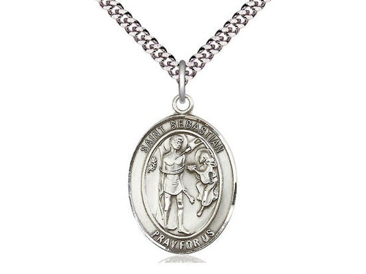 St Sebastian Sterling Silver Pendant  on a 24 inch Light Rhodium Heavy Curb Chain.