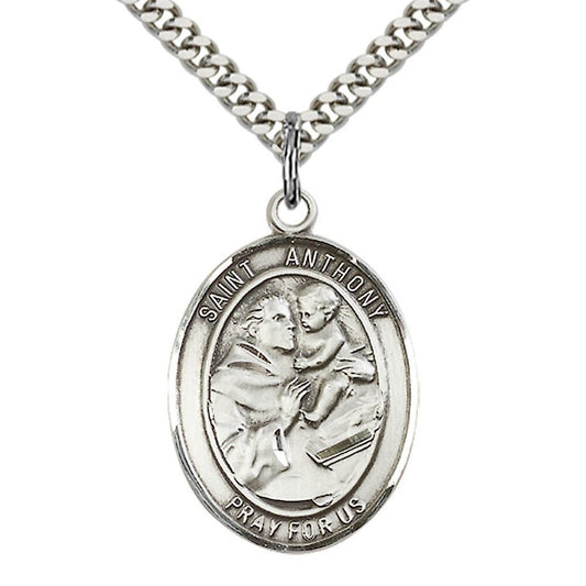 St Anthony of Padua Sterling Silver Pendant on a 24 inch Light Rhodium Heavy Curb Chain.