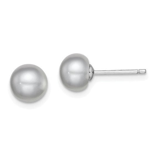 Silver 7-8mm Grey  Cultured Button Pearl Stud Earrings