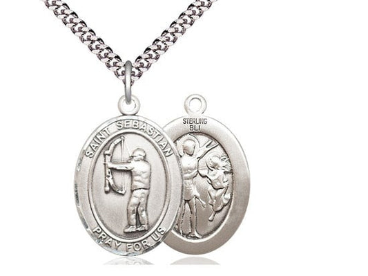 St Sebastian Archery Sterling Silver Pendant on a 24 inch Light Rhodium Heavy Curb Chain.