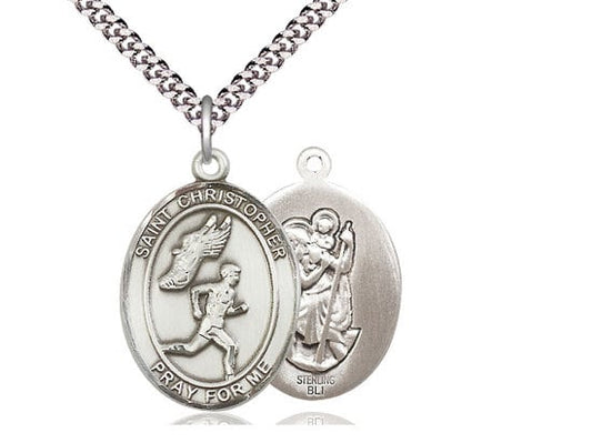 St. Christopher Track & Field Sterling Silver Pendant on a 24 inch Light Rhodium Heavy Curb Chain.