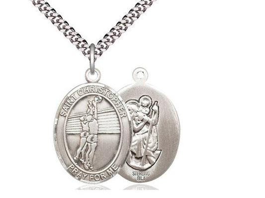St Christopher Volleyball Sterling Silver Pendant on a 24 inch Light Rhodium Heavy Curb Chain.
