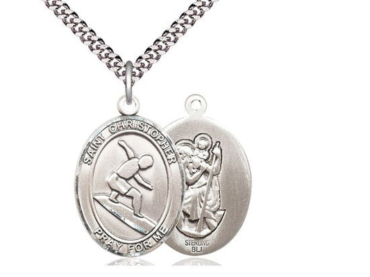 St Christopher Surfing Sterling Silver Pendant on a 24 inch Light Rhodium Heavy Curb Chain.