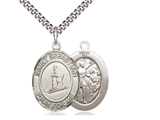 St Sebastian Skiing Sterling Silver Pendant on a 24 inch Light Rhodium Heavy Curb Chain.