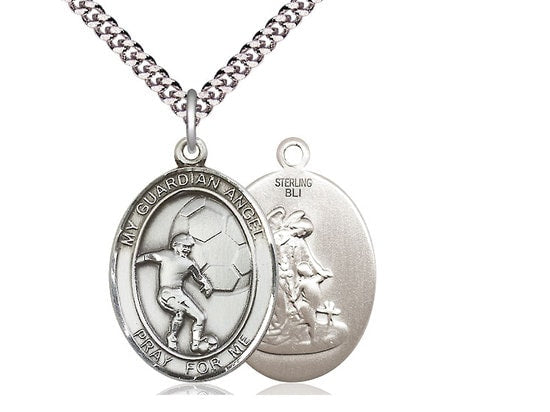 Guardian Angel Soccer Sterling Silver Pendant on a 24 inch Light Rhodium Heavy Curb Chain.