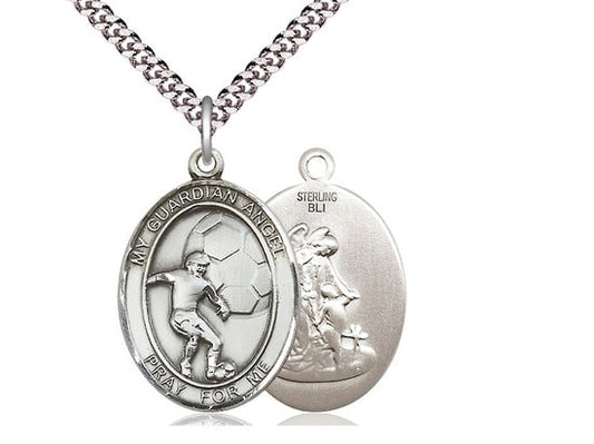 Guardian Angel Soccer Sterling Silver Pendant on a 24 inch Light Rhodium Heavy Curb Chain.
