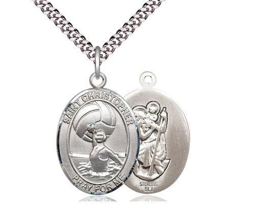 St Christopher Water Polo Women Sterling Silver Pendant on a 24 inch Light Rhodium Heavy Curb Chain.