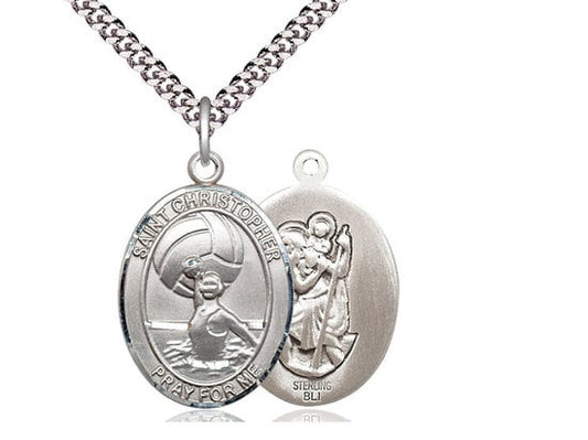 St Christopher Water Polo Women Sterling Silver Pendant on a 24 inch Light Rhodium Heavy Curb Chain.