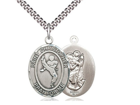 St Christopher Martial Arts Sterling Silver Pendant on a 24 inch Light Rhodium Heavy Curb Chain.