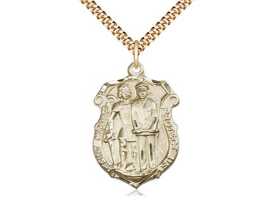 St Michael the Archangel Police Shield Gold Filled Pendant on a 24 inch Gold Plate Heavy Curb Chain.