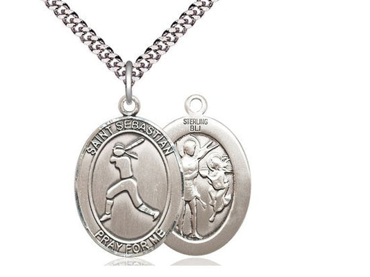 St Sebastian Softball Sterling Silver Pendant on a 24 inch Light Rhodium Heavy Curb Chain.