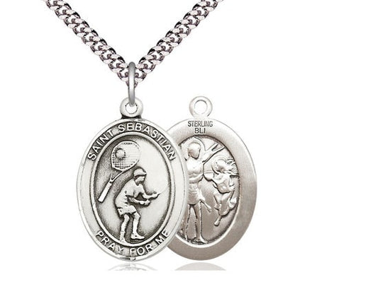 St Sebastian Tennis Sterling Silver Pendant on a 24 inch Light Rhodium Heavy Curb Chain.