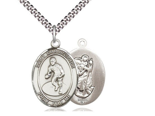 St Christopher Wrestling Sterling Silver Pendant on a 24 inch Light Rhodium Heavy Curb Chain.