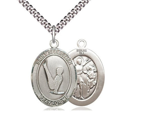 St Sebastian Gymnastics Sterling Silver Pendant on a 24 inch Light Rhodium Heavy Curb Chain.