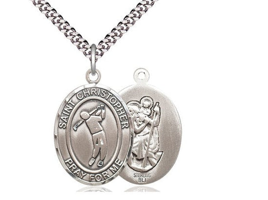 St Christopher Golf Sterling Silver Pendant on a 24 inch Light Rhodium Heavy Curb Chain.