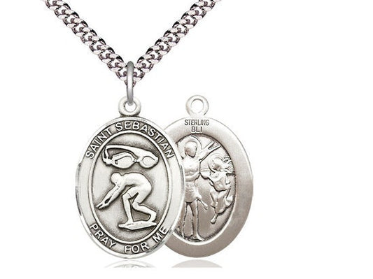 St Sebastian Swimming Sterling Silver Pendant on a 24 inch Light Rhodium Heavy Curb Chain.