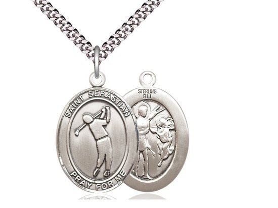 St Sebastian Golf Sterling Silver Pendant on a 24 inch Light Rhodium Heavy Curb Chain.
