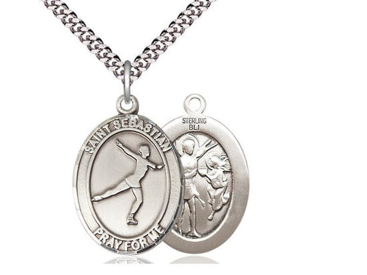 St Sebastian Figure Skating Sterling Silver Pendant on a 24 inch Light Rhodium Heavy Curb Chain.