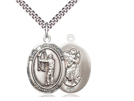 St Christopher Archery Sterling Silver Pendant on a 24 inch Light Rhodium Heavy Curb Chain.