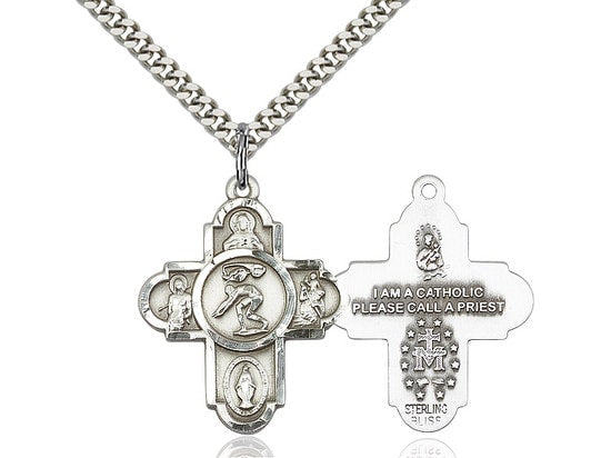 5-Way Swimming Sterling Silver Pendant on a 24 inch Light Rhodium Heavy Curb Chain.