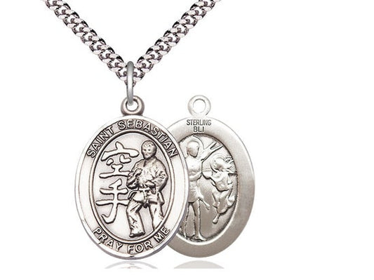 St Sebastian Karate Sterling Silver Pendant on a 24 inch Light Rhodium Heavy Curb Chain.