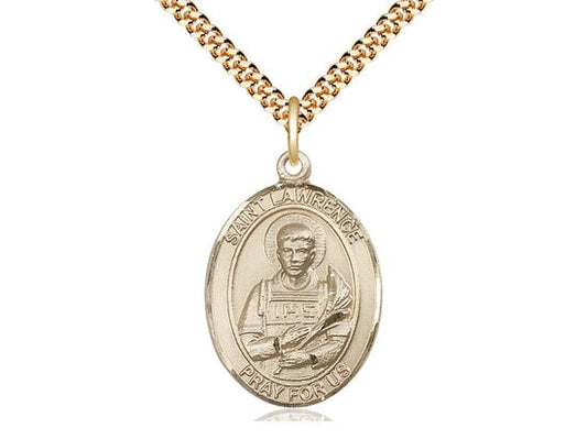 St Lawrence Gold Filled Pendant on a 24 inch Gold Plate Heavy Curb Chain.