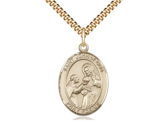 St John of God Gold Filled Pendant on a 24 inch Gold Plate Heavy Curb Chain.