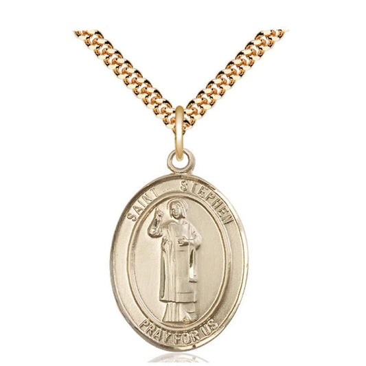 St Stephen the Martyr Gold Filled Pendant on a 24 inch Gold Plate Heavy Curb Chain.