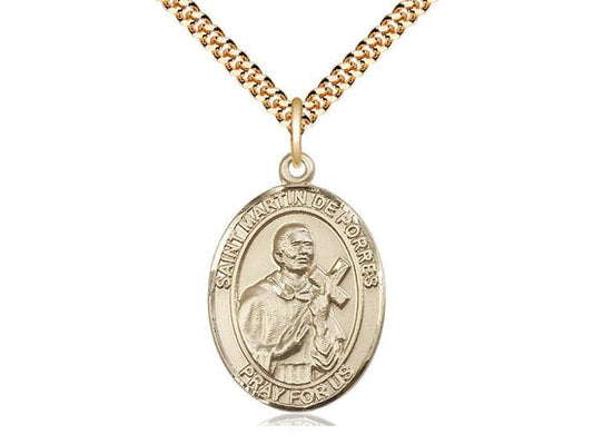 St Martin de Porres Gold Filled Pendant on a 24 inch Gold Plate Heavy Curb Chain.