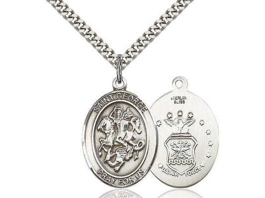 St George Air Force Sterling Silver Pendant on a 24 inch Light Rhodium Heavy Curb Chain.